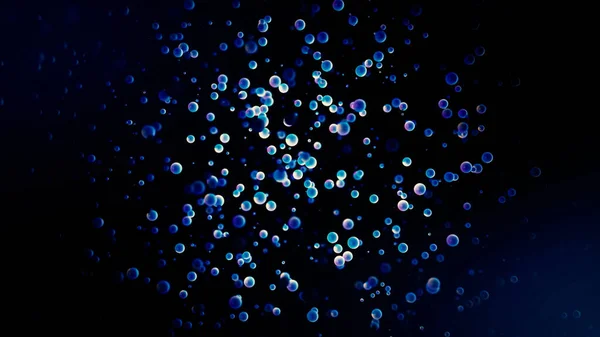 Viele kleine Kreise blauer Farbe, die sich chaotisch auf schwarzem Hintergrund bewegen, nahtlose Schleife. Animation. Bokeh-Muster, bunte Wolke aus schwankenden Partisanen. — Stockfoto