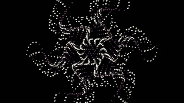 Abstract animation of silver pattern rotating isolated on black background. Animation. Hypnotic kaleidoscope with abstract grey round particles, seamless loop, monochrome.