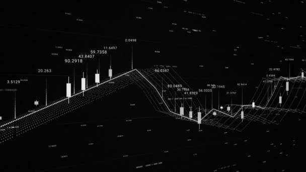 3d finanční zázemí se všemi daty a grafikou, růstem a poklesem, financemi a ekonomikou. Animace. Monochromatické pozadí finančního grafu, statistika akciového trhu na obrazovce. — Stock video