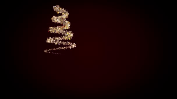 Luci d'oro a spirale sotto forma di un albero di Natale astratto con giocattoli per bambini e ghirlanda di fiocchi di neve. Animazione. Rotante nuovo anno abete rosso su sfondo nero . — Video Stock