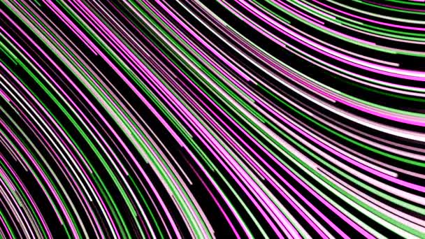 Fond abstrait de lignes fluo multicolores mobiles sur fond noir. Animation. Ligne de couleur courbée se déplaçant rapidement dans le flux — Video