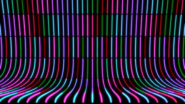 Abstract curved background with moving neon colored lines on black background. Animation. Hypnotic curved background with fast moving neon lines in stream — 비디오