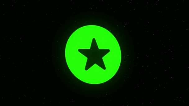 Icona di animazione con una stella su sfondo nero. Animazione. L'icona rotonda colorata con una stella viene spruzzata in piccole particelle — Video Stock