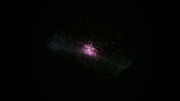 Les points tournent dans une forme sphérique. Animation. Animation abstraite de sphères de mélange avec des particules lumineuses sur fond noir 