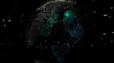 Noktalardan oluşan siber uzayda 3D gezegen. Animasyon. Küre, çizgi, nokta ve sayı arkaplanlı kavramsal ağ veri siber uzayı