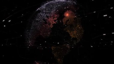 Noktalardan oluşan siber uzayda 3D gezegen. Animasyon. Küre, çizgi, nokta ve sayı arkaplanlı kavramsal ağ veri siber uzayı