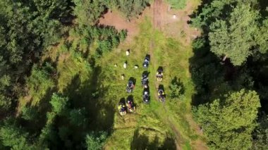 Güzel bir bölgede dörtlü bisiklete binmeden önce bir grup insanın havadan görünüşü. Stok görüntüleri. Ekstrem motor sporları konsepti, insanlar yeşil çimen alanındaki yarışa hazırlanıyor.