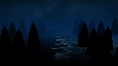 3D gece arkaplanı kozalaklı orman. Animasyon. Eklentiler için kopyalama alanı olan güzel bir Noel arkaplanı