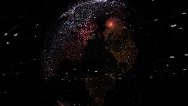 Planeta 3D en el ciberespacio de puntos. Animación. Ciberespacio conceptual de datos de red con esfera, líneas, puntos y números de fondo — Vídeos de Stock