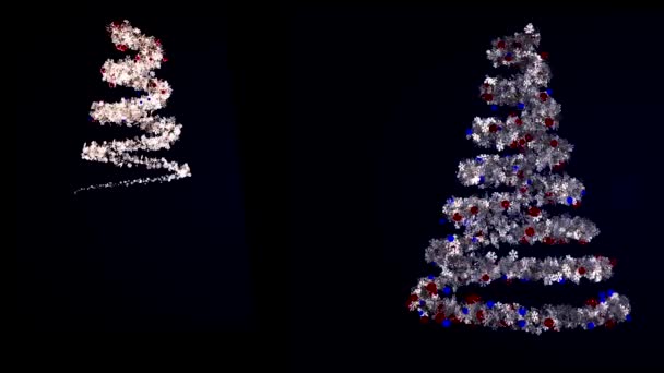 Abstrakte Weihnachtsbäume aus spiralförmiger Linie mit leuchtenden Girlanden, Winterurlaubskonzept. Animation. Schöne Fichten mit Neujahrsspielzeug und Schneeflocken. — Stockvideo