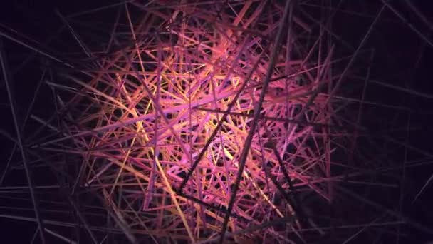 Animation de fils enchevêtrés colorés sur un fond noir. Animation. Bouquet coloré de lignes sur un fond noir 