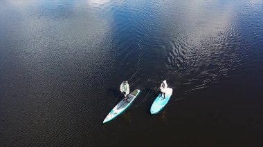 Göl, spor ve yaşam tarzı kavramında kürek çeken bir çiftin en iyi görüntüsü. Görüntü. Sörf tahtasının üzerinde duran ve kürekle kürek çeken bir adam ve kadının havası..
