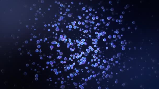 Moléculas de virus de bacterias abstractas moviéndose lentamente sobre fondo azul oscuro, lazo sin costuras. Animación. Células de microorganismos bajo microscopio . — Vídeos de Stock
