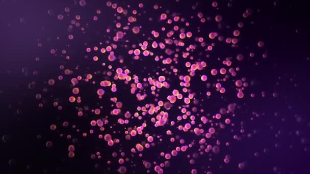 Moléculas de virus de bacterias abstractas moviéndose lentamente sobre fondo púrpura oscuro, lazo sin costuras. Animación. Células de microorganismos bajo microscopio . — Vídeos de Stock