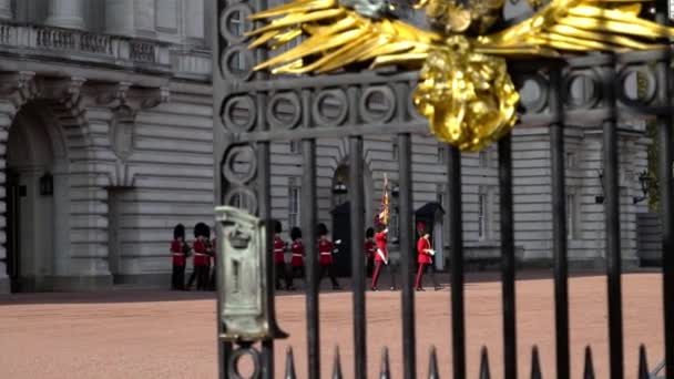 Londres, Inglaterra - Octubre de 2019: Centinela de la Guardia de Granaderos cerca del parlamento. Acción. Soldados centinelas ingleses en los terrenos del Parlamento — Vídeo de stock