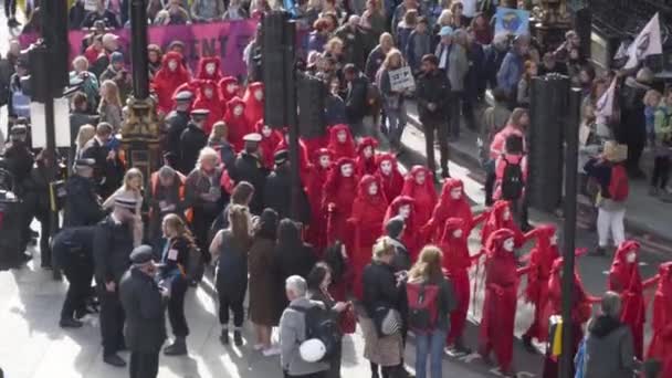 Londres, Inglaterra - octubre de 2019: Manifestaciones en Londres. Acción. Activistas climáticos durante la manifestación de la rebelión de extinción en Londres, Inglaterra, Reino Unido — Vídeos de Stock