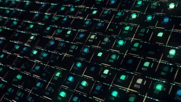 Digital display with green rows of small same size microchips with numbers and moving lines on black background, seamless loop. Animation. Electricity and information concept. — Stock Video