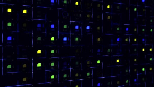 Een innovatieve technologie van 3D vierkante Cpu processor geplaatst tegen zwarte achtergrond, close-up. Animatie. Veel neon signalen bewegen rond. — Stockvideo