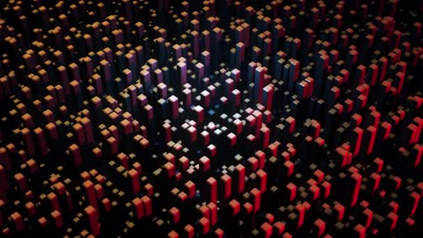 Muchos bloques rectangulares abstractos, ilusión óptica, computadora moderna generó el telón de fondo 3D. Animación. Muchas figuras rojas de volumen creciente sobre fondo negro . — Vídeo de stock