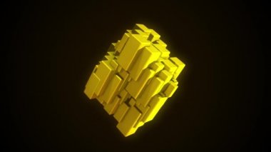 Küçük dikdörtgen blokları hareket ettiren sarı renkli soyut kalp siyah arka planda izole edilmiş, pürüzsüz döngü. Animasyon. Teknoloji konsepti.