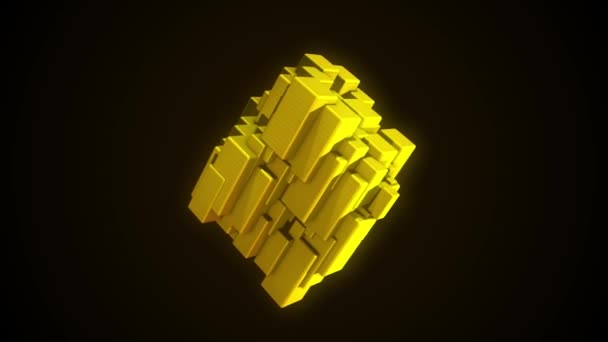 Cuore astratto di colore giallo fatto di piccoli blocchi rettangolari in movimento che ruotano isolati su sfondo nero, anello senza cuciture. Animazione. Concetto tecnologico . — Video Stock