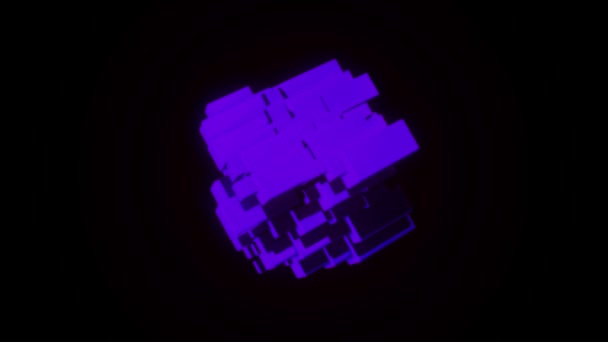 Forme géométrique colorée abstraite tournant sur fond noir, boucle sans couture. Animation. Le concept de pensée logique, figure tournante de petits blocs .