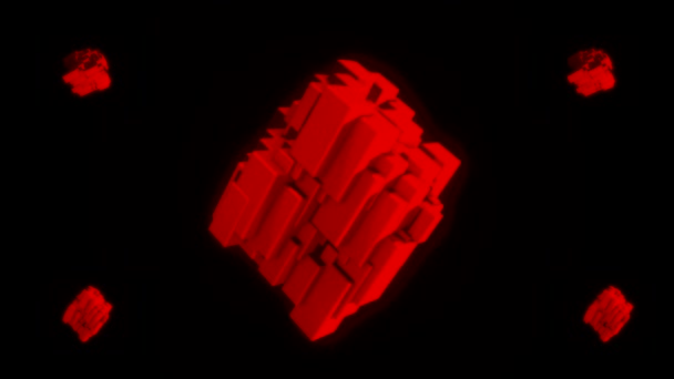 Abstrakt röda geometriska figurer, stor i mitten av skärmen och fyra othes i hörnen på skärmen. Animering. Snurrande former av små block, sömlös ögla. — Stockvideo