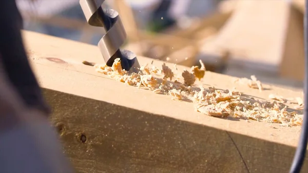 Carpinteiro faz furo em viga de madeira com a broca, conceito de handwork, madeira. Clipe. Fechar a broca de trabalho com aparas de madeira . — Fotografia de Stock