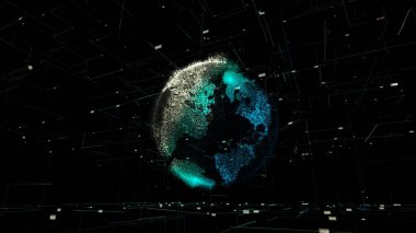 Noktalardan oluşan siber uzayda 3D gezegen. Animasyon. Küre, çizgi, nokta ve sayı arkaplanlı kavramsal ağ veri siber uzayı
