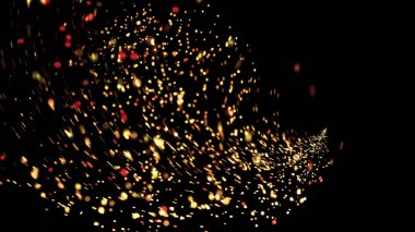 Soyut altın parıltı parçacıkları siyah arkaplanda hızla yayılıyor, kusursuz döngü. Animasyon. Kutlama ve tatil konsepti, kıvılcım yağmuru.