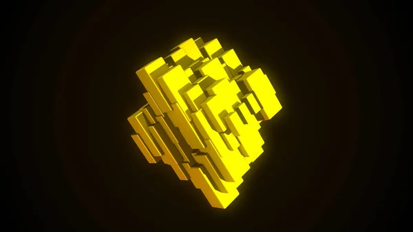 Abstract heart of yellow color made of moving small rectangular blocks rotating isolated on black background, seamless loop. Animation. Technology concept.