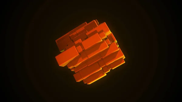 Abstract hart van oranje kleur gemaakt van bewegende kleine rechthoekige blokken roteren geïsoleerd op zwarte achtergrond, naadloze lus. Animatie. Technologieconcept. — Stockfoto