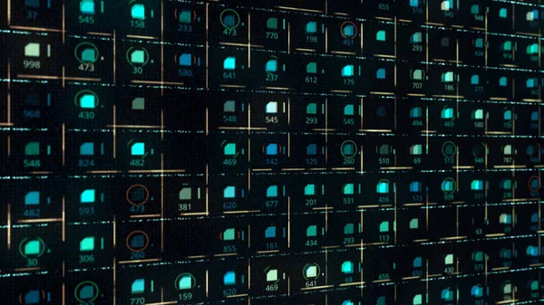 Digital display with green rows of small same size microchips with numbers and moving lines on black background, seamless loop. Animation. Electricity and information concept.