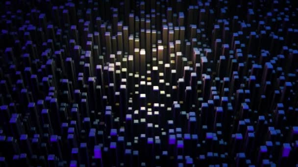 许多抽象矩形块，光学错觉，现代计算机生成3D背景。 动画。 黑色背景上的许多蓝色增长的体积数字. — 图库视频影像