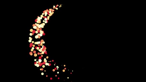 Gold glittering spiral trail of colorful circles moving in a circle on black background, seamless loop. Animation. Twisted magic comet tail. — Stock Video