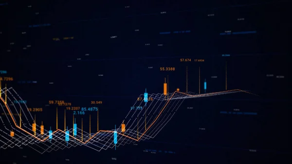 Ferramentas de análise técnica. Animação. Gráfico 3D de ações e títulos. Moeda tema de negociação. Gráfico da bolsa de valores na tela. Análise dos dados do mercado de ações em um monitor — Fotografia de Stock