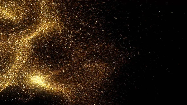 Vol abstrait de particules d'or sur fond sombre. Animation. Incroyable poussière d'espace, comète mobile lumineuse et sa trace colorée . — Photo