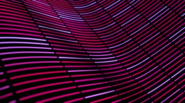 Hareket eden neon çizgileri olan 3d soyut eğimli arkaplan. Animasyon. Siyah arkaplanda kısa neon çizgileri olan döngülü arkaplan