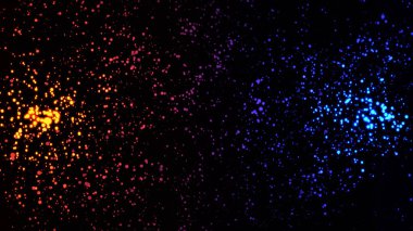 Uzayda hareket eden neon renkli noktalar. Animasyon. Siyah arkaplan üzerinde hareket eden renkli neon noktaların soyut animasyonu