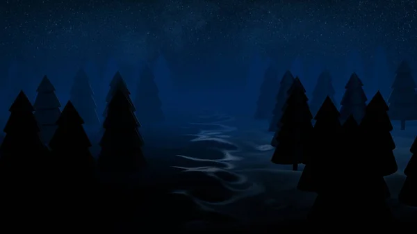 3d рендерировать фон ночного хвойного леса. Анимация. Рождественский фон с пространством для копирования вставок — стоковое фото