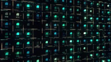Yeşil satırlı, sayılarla aynı boyutta mikroçiplerden oluşan dijital ekran ve siyah zemin üzerinde hareketli çizgiler, kusursuz döngü. Animasyon. Elektrik ve bilgi kavramı.