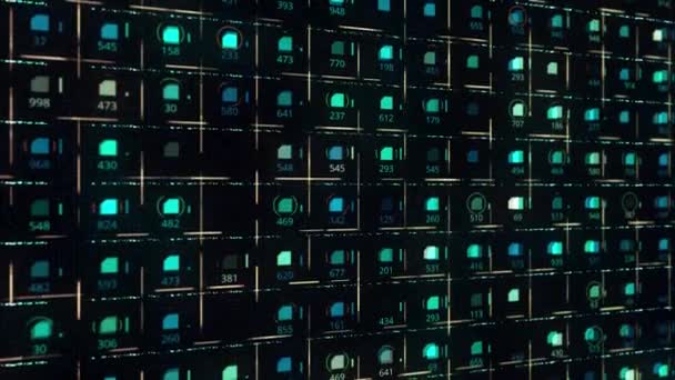 Digital display with green rows of small same size microchips with numbers and moving lines on black background, seamless loop. Animation. Electricity and information concept. — Stock Video