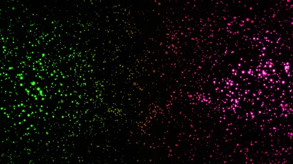 Νέον χρωματιστές τελείες που κινούνται στο διάστημα. Κινούμενα σχέδια. Αφηρημένη κίνηση των κινούμενων έγχρωμων κουκίδων νέον σε μαύρο φόντο — Φωτογραφία Αρχείου