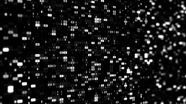 Monochromes Panel mit vielen schimmernden und wechselnden Zahlen von eins bis neun auf schwarzem Hintergrund, nahtlose Schlaufe. Animation. Daten auf digitalem Bildschirm. — Stockfoto