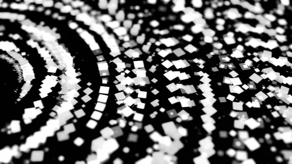 Black and white abstract circles of shimmering squares rotating endlessly. Animation. Abstract hypnotic spiral geometric and dynamic backdrop, seamless loop.