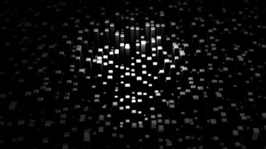 Karmaşık şekilli soyut siyah beyaz model. Animasyon. Tek renkli 3d dikdörtgenler siyah arkaplanda yavaşça büyüyor.