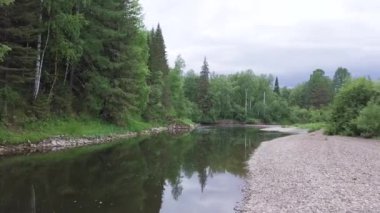 Dar bir ırmak, taşlı bir kıyısı ve bulutlu gökyüzüne karşı güzel yeşil ormanı olan doğal arkaplan manzarası. Stok görüntüleri. Yaz doğası, ekoloji ve turizm kavramı.