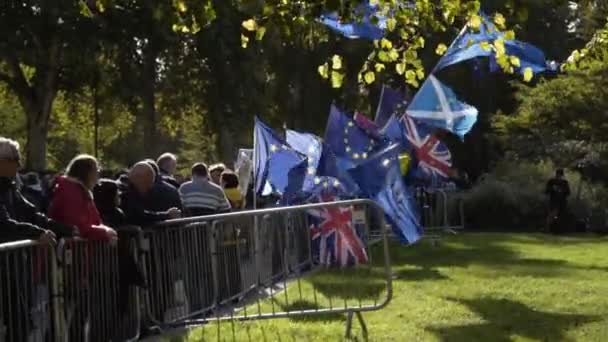 Londen, Groot-Brittannië-september 2019: Mensen verzamelden zich in Park met vlaggen van de Europese Unie. Actie. Mensen staan in het park op het stadsevenement met vlaggen van de Europese Unie en Groot-Brittannië in de zomer — Stockvideo