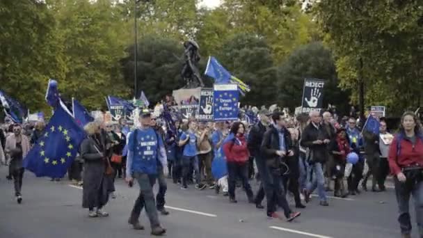 London, Britain-September, 2019: People on demonstration with enemies of European Union. Action. People March down road with political protest about cancel Brexit. Flags of EU and UK — Stock Video