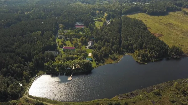 Vue aérienne d'un beau petit village près du lac et de la forêt verdoyante. Images d'archives. Vue de dessus des maisons modernes, des pins et de la surface ondulée du lac . — Photo